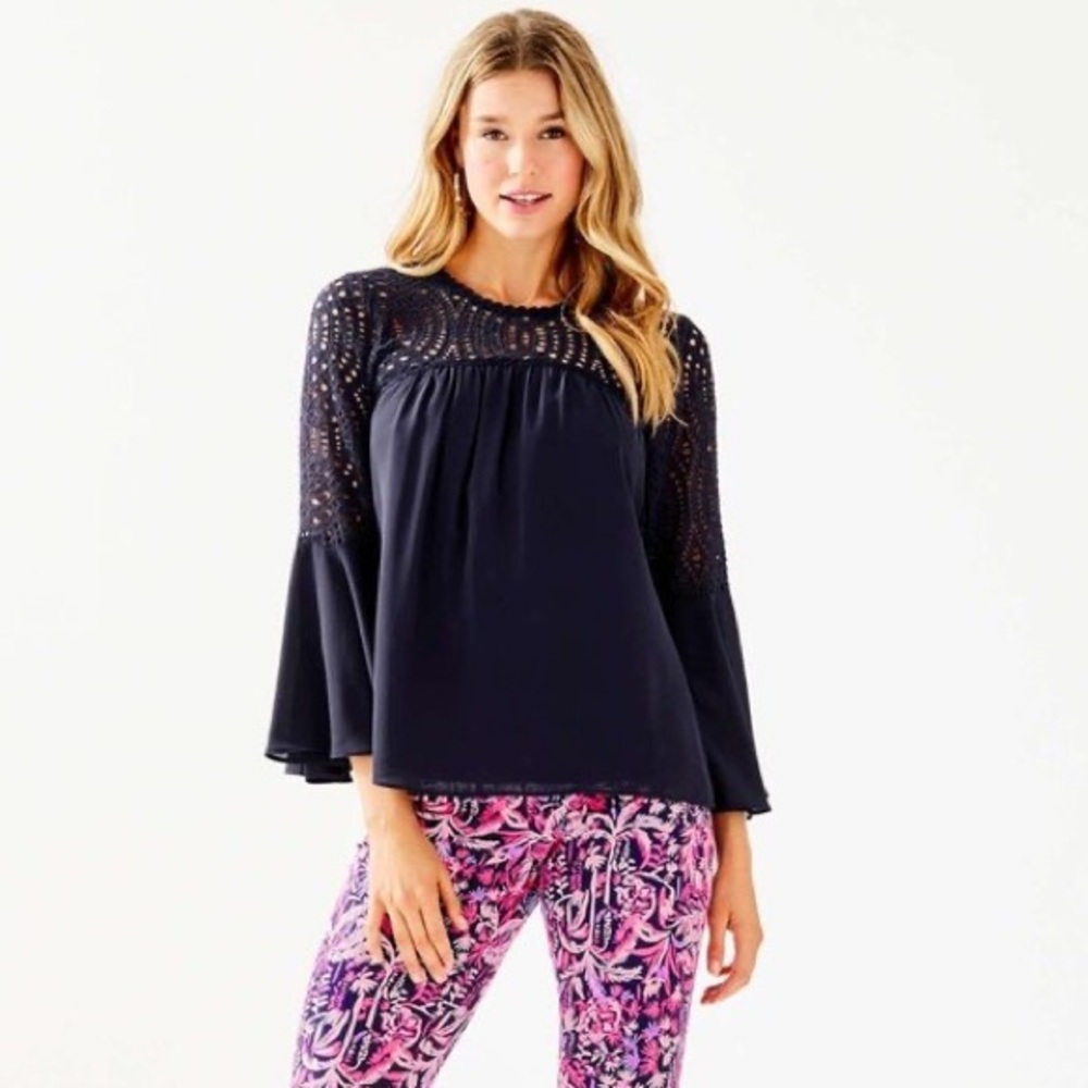 Lilly Pulitzer Amenna Blouse in Navy Blue, Size 16